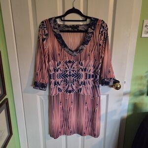 BCBGMaxAzria Pink and Navy Abstract Pleated Top